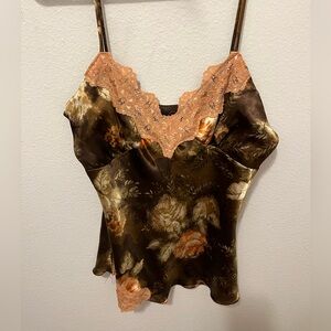 Studio Y Y2K Brown Floral Satin Lace Trim Cami Tank Top (Size M)